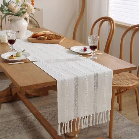 Chemin de Table Beige crème Chemin de Table Boho avec Glands Chemin de Table Style campagnard Rustique pour dîner, fête, Vacances, Salle à Manger, Commode, 38X183cm, Beige (1/5)