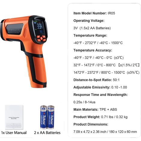 Pistolet de Température, Double Laser, Mesure Sans Contact, Orange (1/2)