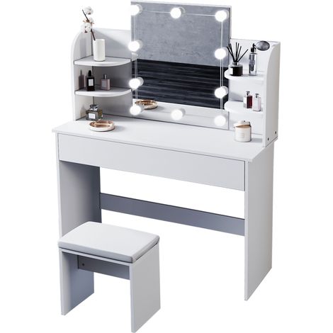 SONNI Schminktisch mit Beleuchtung Spiegel und Hocker Schublad Weiß 3 Lichtmodi 10 Helligkeiten Speicherfunktion 1080x400x1400mm (1/5)