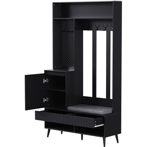Appendiabiti da ingresso con panca portascarpe, 4 ganci, 2 cassetti e armadio, MDF nero (1/5)