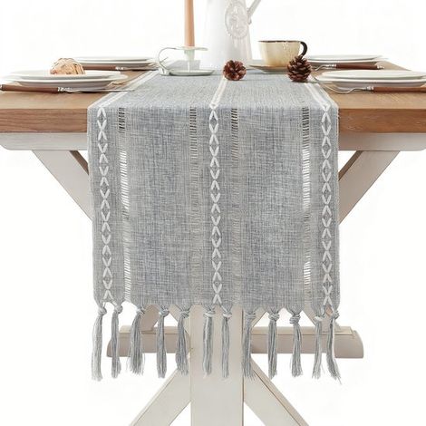 Tischläufer aus Leinen und Baumwolle Weißer Tischläufer im Landhausstil 90 cm lang Geeignet für Esszimmer Feiertage und den täglichen Gebrauch E 33 (1/5)