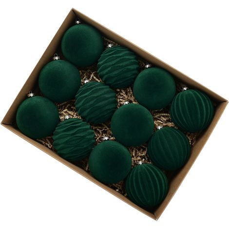 Décorations de sapin de Noël, paquet de 12, boules de Noël vert foncé, 8 cm, floquées (1/5)