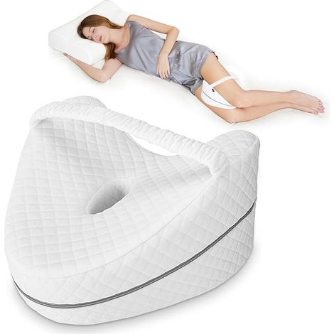 Kleines Beinkissen aus Memory-Schaum, 26 x 26 x 15,8 cm  Kniekissen mit ergonomischen Gurten für Seitenschläfer zur Druckentlastung – Hüfte, Beine, Knie, Weiß (1/5)