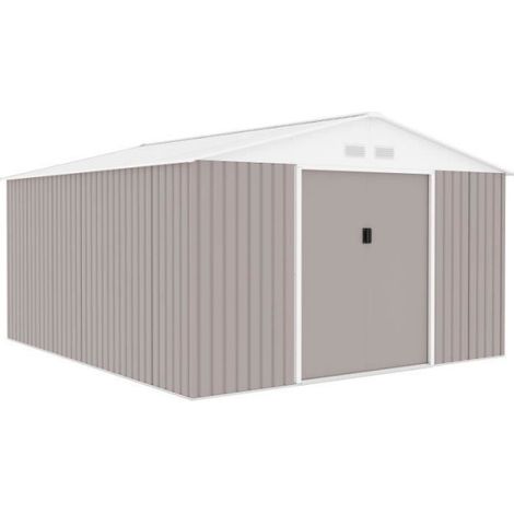 Abri de jardin en métal 12,99 m² - 340 x 382 x 210 cm - NEPTUNE - Kit d'ancrage inclus, 2 portes coulissantes - Taupe (1/5)