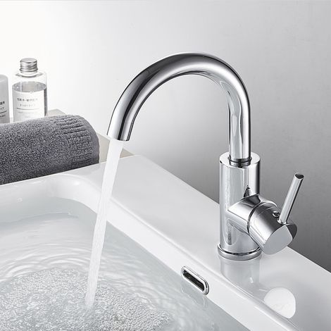 Auralum Grifo de lavabo con caño de altura 180mm, 360° Giratorio mezclador Monomando para lavabo/Baño,  Caliente y Fría Ajustable mezclador de baño de Latón, Cromo