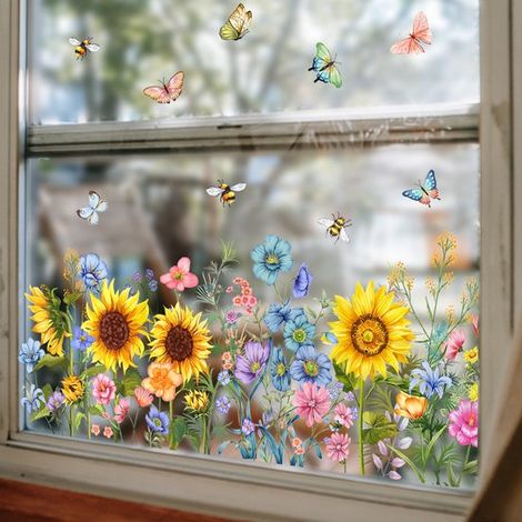 Adhesivo para ventana con girasol, mariposa y abeja - Primavera/Verano - 30 x 60 cm (1/5)