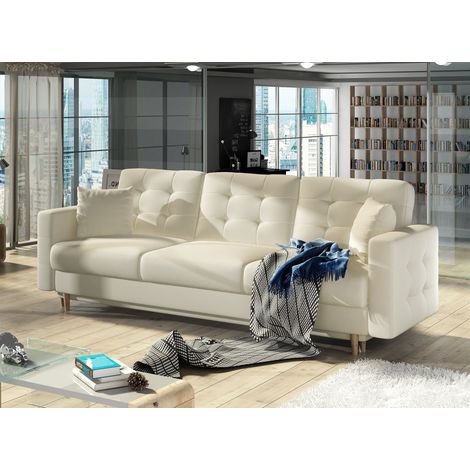 Canapé 3 places convertible matelassé simili cuir beige clair Anska 235cm (1/5)