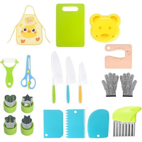 19-teiliges Kinderküchenmesserset, Sicherheitsmesserset zum Schneiden von Obst oder Gemüse, gezahnte Messer, Schneidebretter und weiteres Küchenzubehör (1/5)