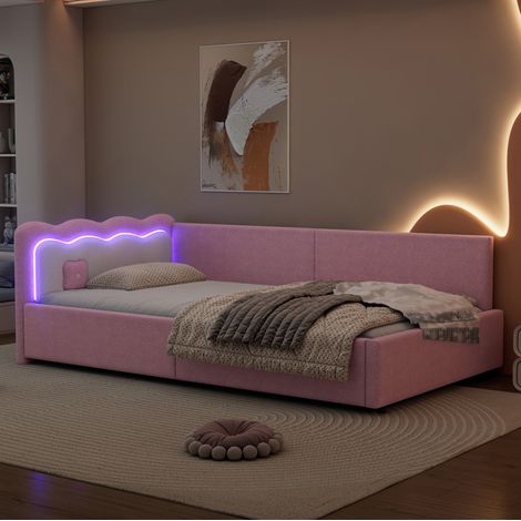 Cama de día 90x200 cm rosa en terciopelo con iluminación LED y somier (1/5)