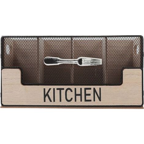 Porte-Couverts - Bois Et Grillage Fer - Pour Comptoir Cuisine - 29,5 X 7,5 X 15 Cm - 1 Pièce (1/2)