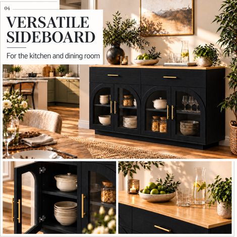 Küchenbuffet 147×40×86 cm aus MDF/Spanplatte, Schwarz/Natur, LED, Stauraum – MEUBLIV (1/5)