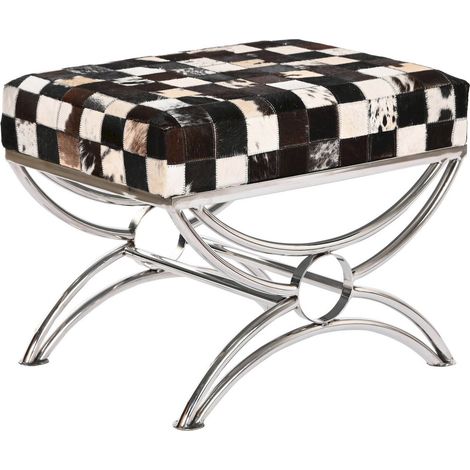 Pouf élégance cuir pour ôter chaussures en entrée - Brun crème aux motifs damier (1/5)