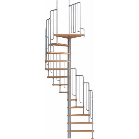Dolle Spindeltreppe Barcelona bis 291cm Geschosshöhe pulverbeschichteten Metall UK mit Holzstufen Birke Multiplex Mittelgrau Metallic