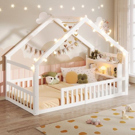 Cama cabaña infantil 90 x 190 cm con barreras, blanca (1/5)