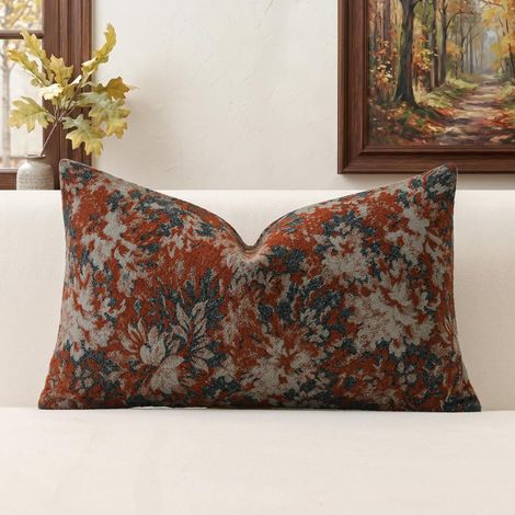 Lot de 1 Doux Housses de Coussin en Chenille 30x50cm, Taie d'oreiller Motif Floral Vintage Coussin Décoratif pour Canapé Salon Chambre Housses de Coussin, Rouge (1/5)