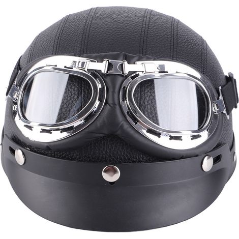 Keenso Casque de Moto, Scooter Universel Scooter en Cuir Synthétique Open Face Half Casque et Visor Sun Goggles (BLACK). (1/5)