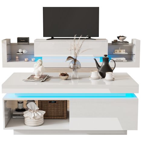 Table basse, Table de salon moderne haute brillance, Table de salon (avec éclairage LED 15 couleurs), Table d'appoint, Décoration intérieure (1/4)