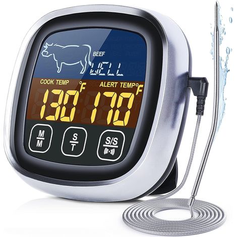 Thermomètre de cuisson numérique pour viande, modèle 2021 amélioré avec écran tactile LCD grand format, lecture instantanée, rétroéclairage, sonde longue, minuteur de cuisine, compatible four et barbe (1/5)