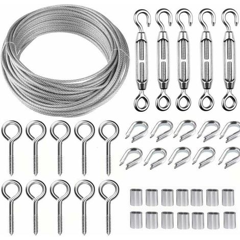 Kit de suspension de câble métallique en acier inoxydable de 30 m et 2 mm (avec tendeur de câble M5 et crochet) pour l'escalade, les clôtures de jardin et les cordes à linge.