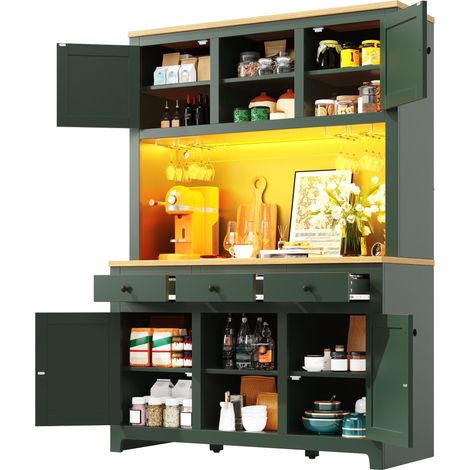 Küchen Hochschrank mit 2 Türen, 2 Schubladen, Verstellbaren Böden und LED für Küche aus MDF 120×40×180 cm Antikgrün (1/5)