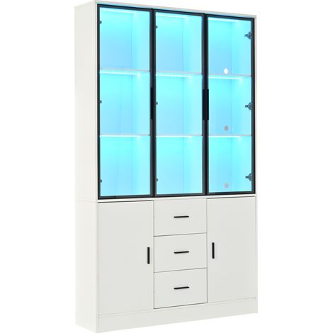 Vetrina alta da soggiorno con ante in vetro LED RGB e 3 cassetti 120 x 30 x 200 cm bianca (1/5)
