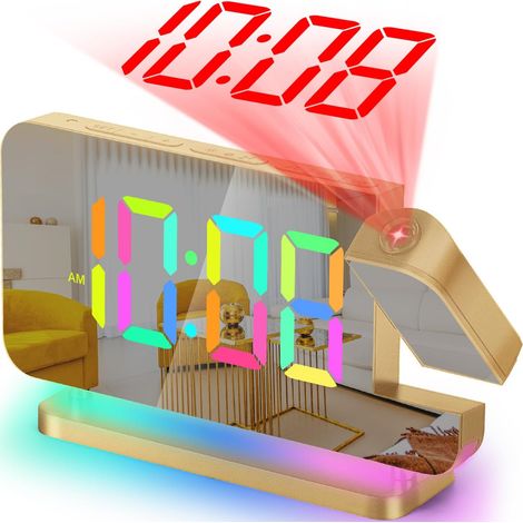 Réveil à projection - Miroir LED - Grand écran avec veilleuse RVB - Station de charge USB C - Projecteur rotatif à 180° - Réveil puissant de 7,4" - Pour chambre à coucher - Doré (1/5)