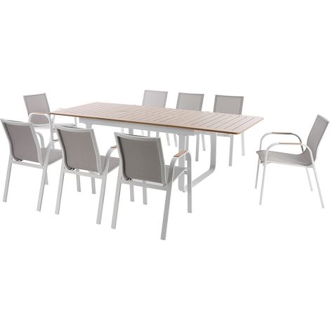 Salle à manger de jardin en aluminium : la table extensible en aluminium L.155/246 cm et 8 fauteuils - Naturel clair et blanc - SERUNO de MYLIA
