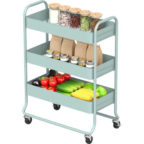 3-Tier Storage Trolley on Wheels, Rolling Utility Cart Mesh Backets for Kitchen, Bathroom, Bedroom, Light Green (1/5)
