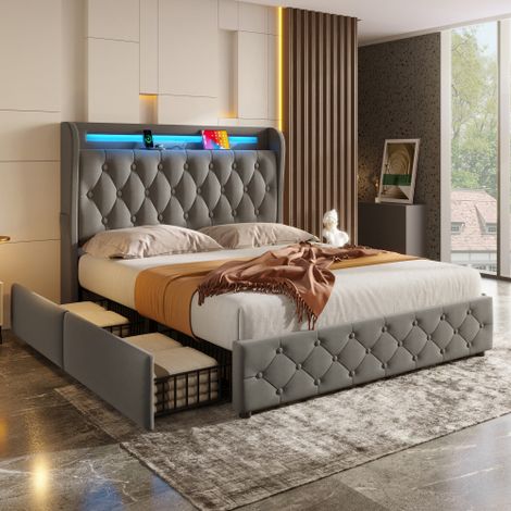 Gepolstertes Samtbett 140x190 cm mit LED-Beleuchtung und USB-Anschluss, Kopfteil mit integrierten Ablagefächern, Bettplattform mit 4 Schubladen, keine Montage erforderlich, Grau