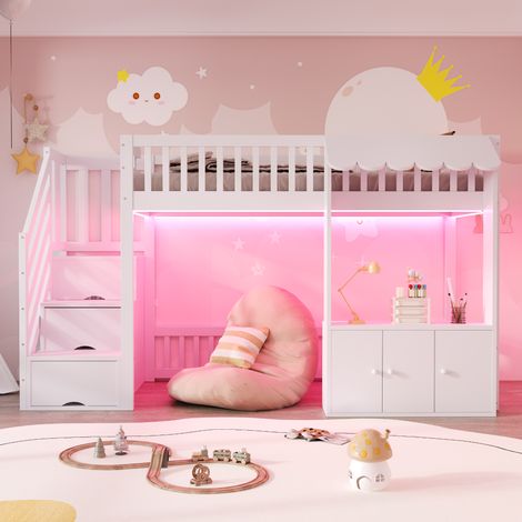 Lit mezzanine enfant 90x200 cm - lit simple avec escalier de rangement - armoire - LED multicolore et sommier à lattes - bois/MDF - blanc (1/5)
