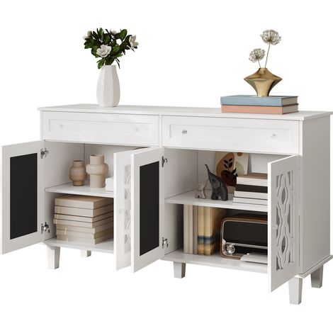 ELVMI Madia con 4 Ante a Specchio e 2 Cassetti, Ripiano Regolabile, per Soggiorno, in MDF, 140×40×83 cm, Bianco (1/5)