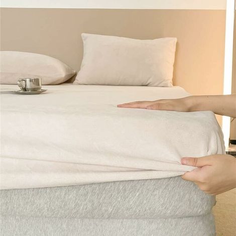 Drap Housse en Polaire 180x200 Bonnet 25 cm Blanc Crème - Toucher Cachemire - Drap de lit toison de lait Microfibre Super Chaud pour Matelas Épais - RWDrap housse (1/5)