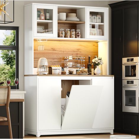 Buffet de cuisine 120x40x180 cm blanc en MDF et métal avec portes en acrylique et éclairage LED (1/5)
