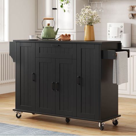 Küchenwagen mit klappbarer Arbeitsplatte, 4 Türen, 1 Schublade, Schwarz OKMYHOME (1/5)