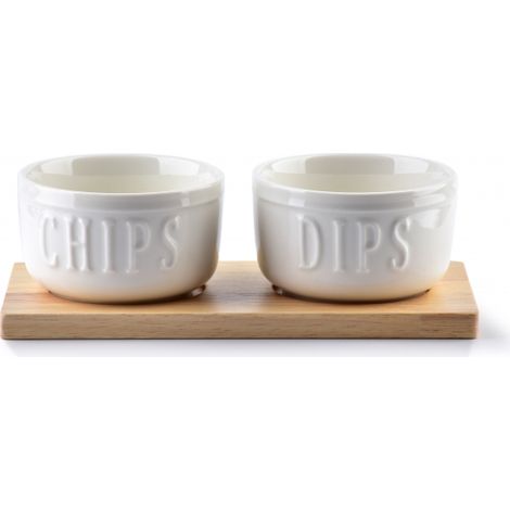 2 cuencos de porcelana blanca con tabla de madera