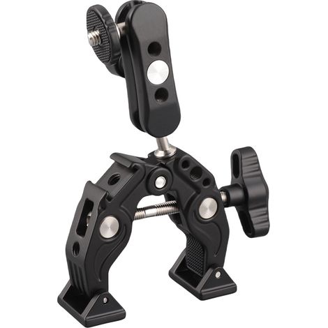 Pince multifonctionnelle en alliage d'aluminium avec double rotule rotative à 360°, fixation par vis 1/4", filetages 1/4" et 3/8", charge admissible de 1,5 kg (1/3)