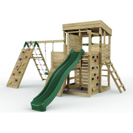 XL Lookout Tower with Single Swing and Monkey Bars, Climbing Wall, Slide