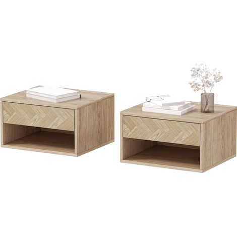 Lot de 2 tables de chevet 37 x 32 x 21 cm suspendues tiroir et étagère moderne en panneau de particules bois naturel 210001553 (1/5)