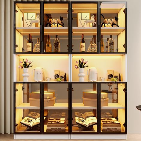 Vitrina juego de 2 - 140 x 30 x 170 cm - iluminación led, fondo espejo, puertas de cristal templado gris, mueble salón - estilo moderno - mdf, cristal - blanco (1/5)