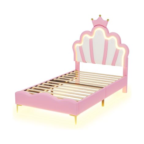Lit 90×200 cm princesse couronne, similicuir rose, LED réglable