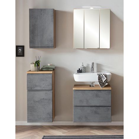 Badezimmer Set, stehend/hängend, in Wotan Eiche Nb. mit Beton Optik, VASTO-03-CONCRETE, B/H/T ca. 115/200/35 cm (1/5)
