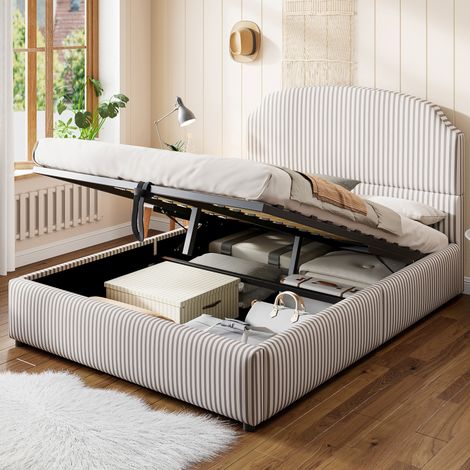 Cama 140x200 con almacenamiento y tejido rayado HAVRYA (1/5)