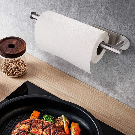 Porte-serviettes en papier, support mural adhésif sous armoire pour cuisine, salle de bain, sans perçage, acier inoxydable SUS304 épais, argent (1/5)