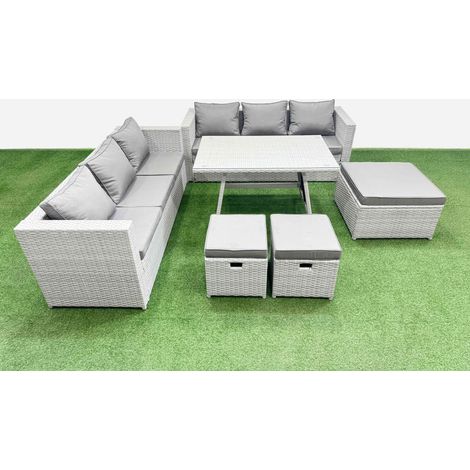 Fimous Rattan Garden Furniture Dining Set 9-seater Patio Rectangular Table 3 Seater Sofa Set with 3 Stools Light Grey (1/4)