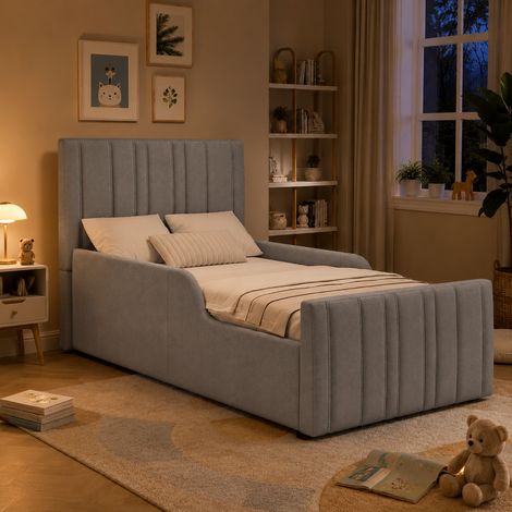 Lit coffre enfant 90x200cm avec rangement hydraulique,sommier à lattes et tête de lit striée en tissu effet lin Gris sans matelas (1/5)