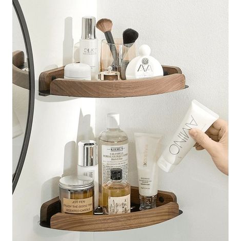Support de rangement de salle de bain en noyer noir, panier triangulaire en bois, support de rangement d'angle de salle de bain sans poinçon