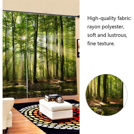 Voile d'ombrage Forests Sunlight Printing, Polyester Rayon, 150x166cm, 2 Pièces avec 9 Anneaux, pour Balcon et Chambre (1/5)