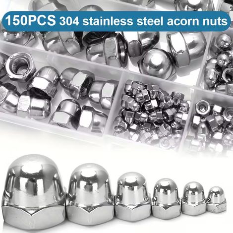 Coffret 150 Pièces Écrous Borgnes Inox 304 A2 à Calotte Haute DIN 1587 – Écrous Dôme / Chapeau Hexagonaux Monobloc – Assortiment M3 M4 M5 M6 M8 M10 – Boîte de Rangement – Protection Filetage et Finiti (1/5)