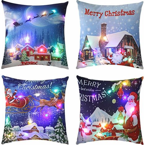 4 Pièces Housse de Coussin Canapé de Noël, Taie d'oreiller Decoratif de Noël LED Lumières, Taie d'oreiller en Peluche de Noël 45x45 cm pour la Décoration de Noël, Fête, Accueil, Canapé,- Lefou (1/5)