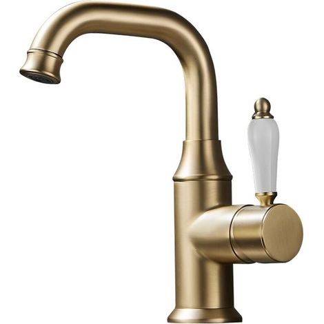 Drehbarer Waschtischhahn: Korpus aus Messing, Griff aus Keramik, 360° drehbarer Auslauf, Oberfläche in gebürstetem Gold.